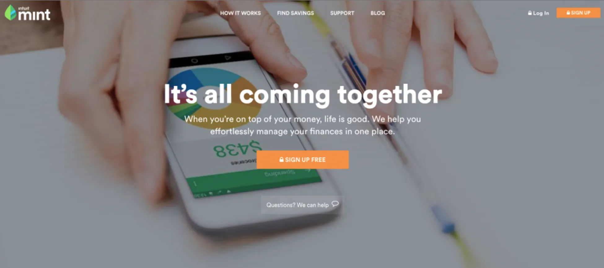 Mint app homepage showing a smartphone with a budgeting chart and the headline “It’s all coming together,” promoting effortless personal finance management with a call-to-action to sign up for free.