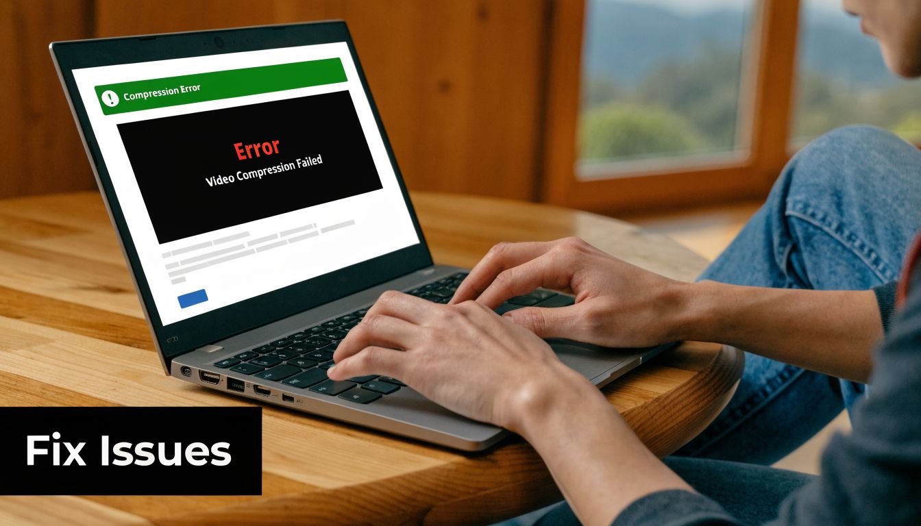 A person using a laptop encounters a video compression failed error message while editing a video.