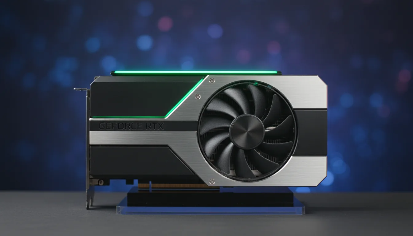 DSLR photo of an NVIDIA GeForce RTX 4080 Founder's Edition GPU resting on a black display stand, side-on view. Soft studio lighting illuminates the hardware, highlighting the sleek matte black and brushed silver metal housing with a large cooling fan. A vibrant green LED light glows along the edge of the chassis. Shallow depth of field with a softly blurred dark background, creating a bokeh effect.