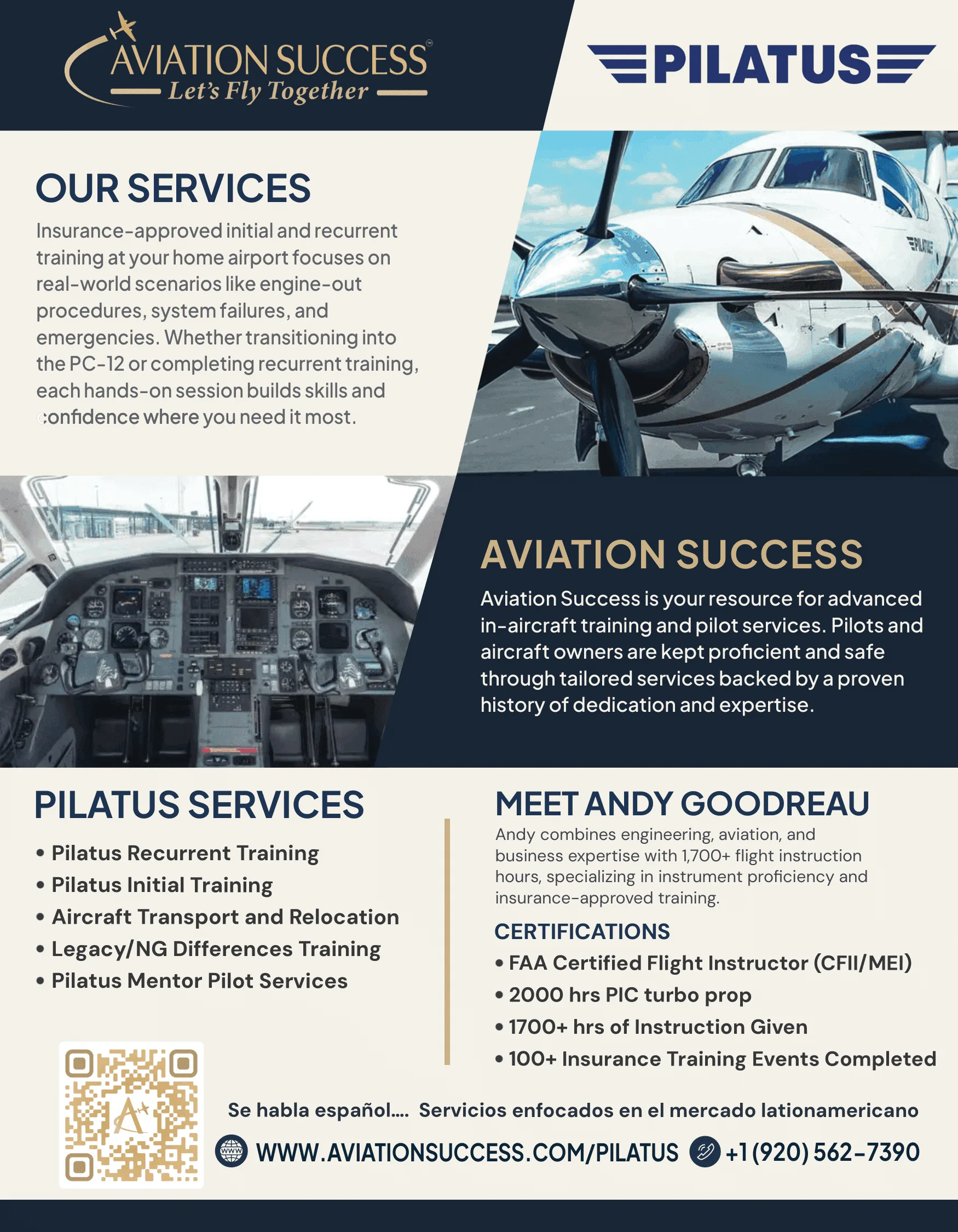 Aviation Success Pilatus services flyer showing a PC-12 aircraft, cockpit panel, and recurrent training options.