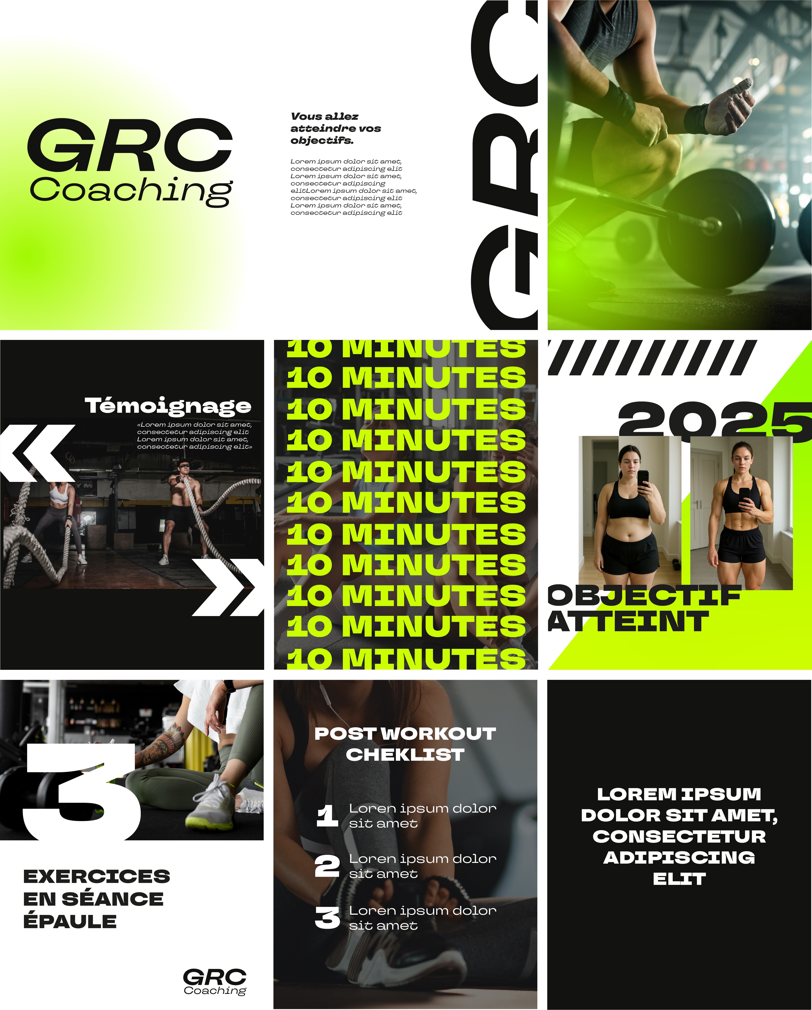 Mosaïque de posts Instagram GRC Coaching présentant programmes de sport, conseils et identité visuelle noir et vert fluo.