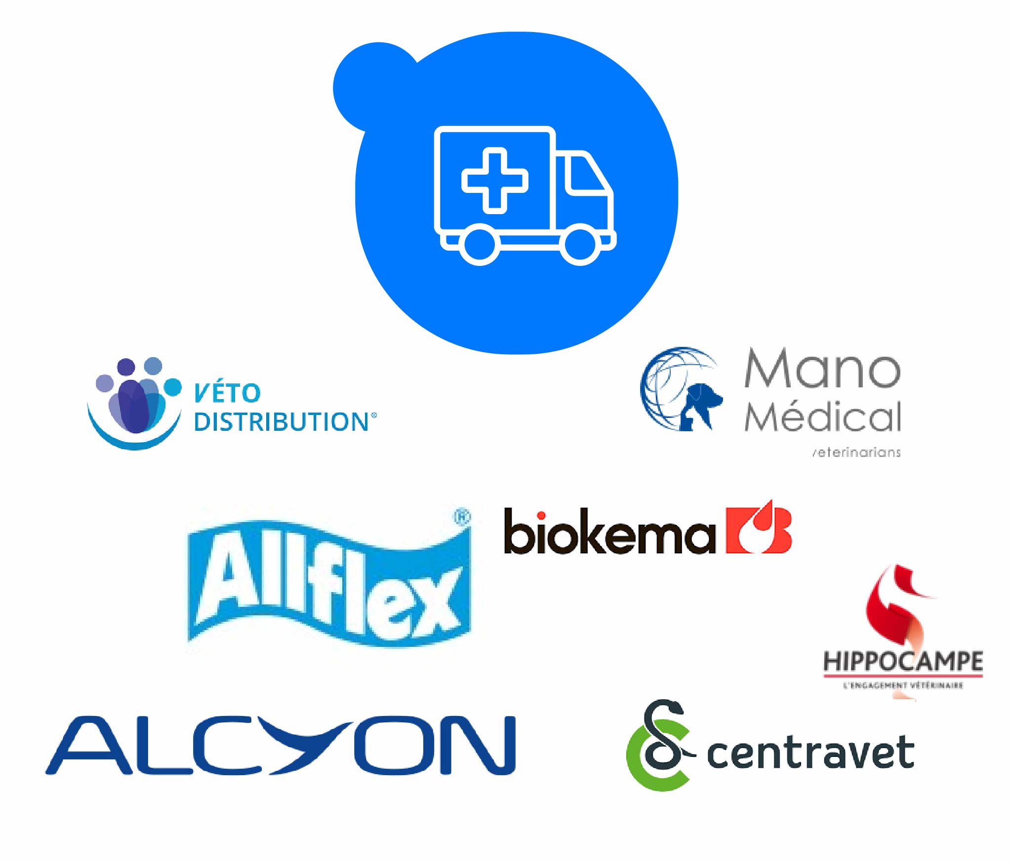 Logos des fournisseurs et distributeurs vétérinaires partenaires : Véto Distribution, Mano Médical, Allflex, Biokema, Hippocampe L'engagement vétérinaire, Alcyon et Centravet, avec une icône de camion de livraison médicale en haut