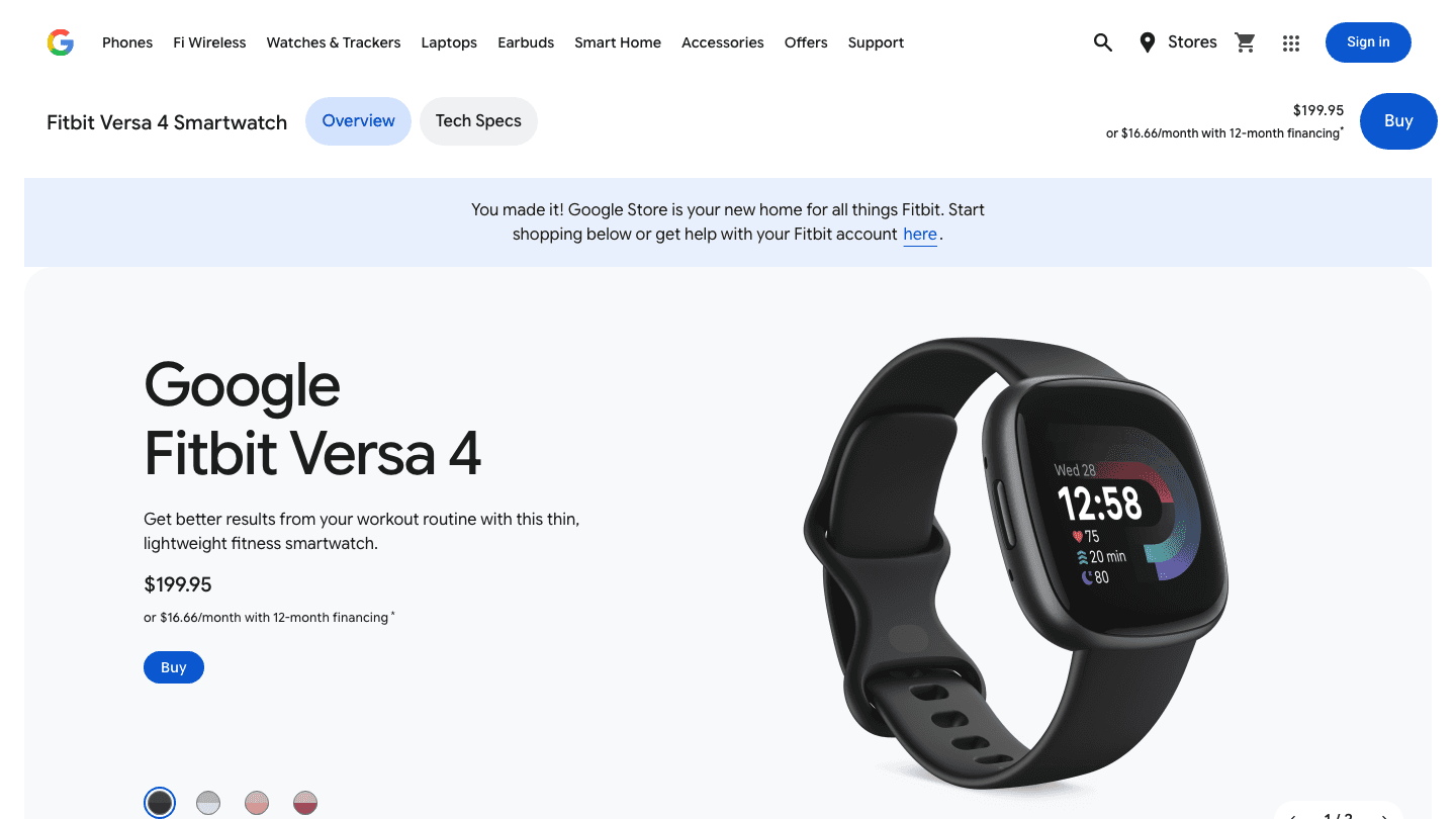 Fitbit Versa 4 smartwatch on Google Store at $199.95