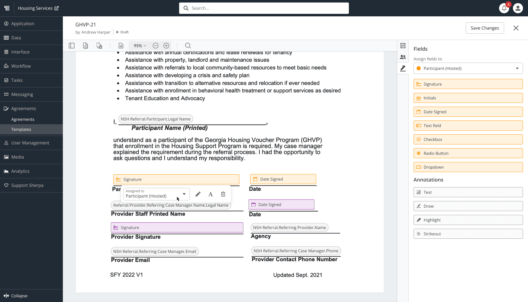 Signature field settings popup.