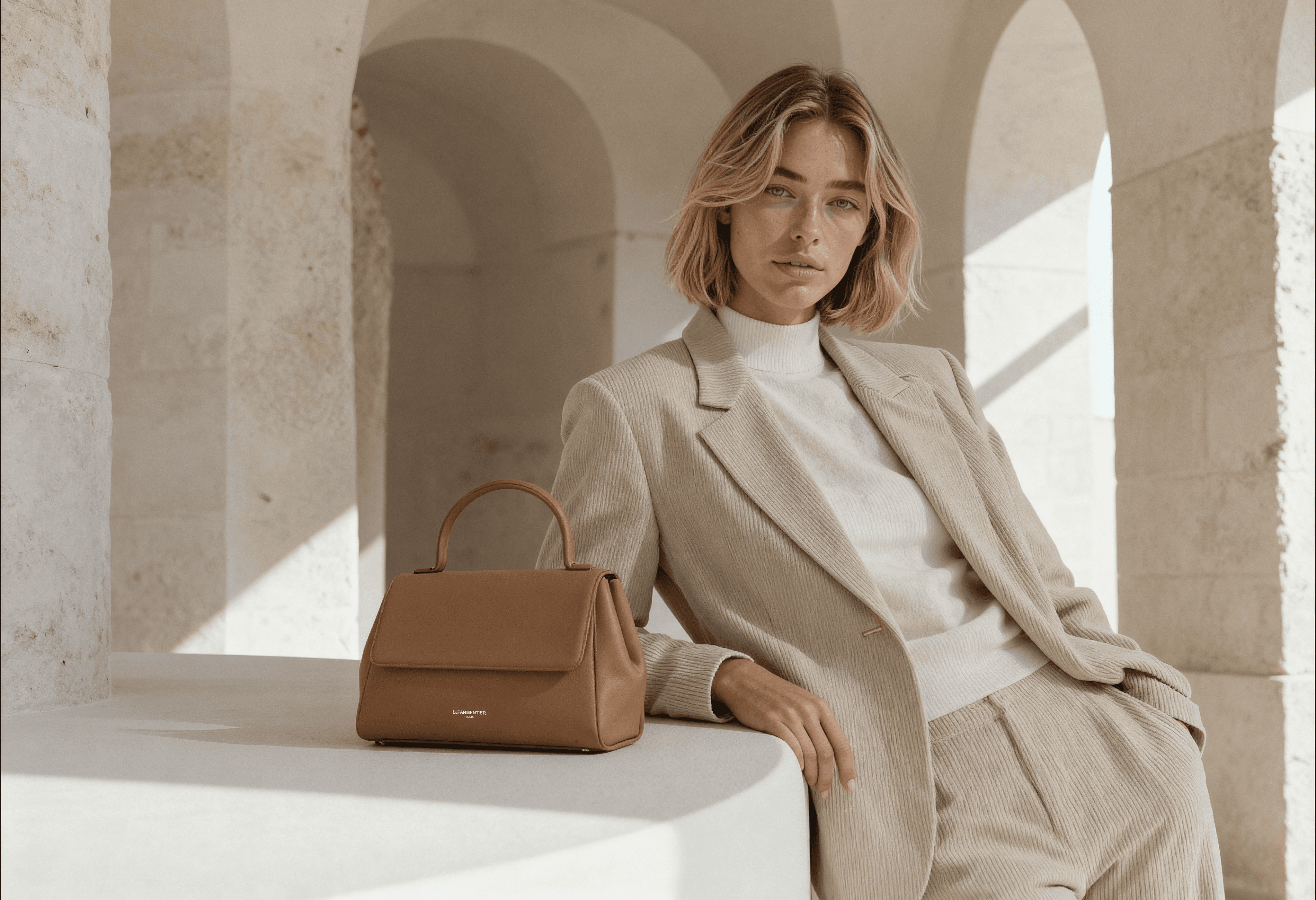 AI-generated fashion campaign image of a woman in a beige suit posing with a camel leather handbag by LeParmentier, created by Myrovia Labs. AI creative direction for luxury fashion and accessories brands.