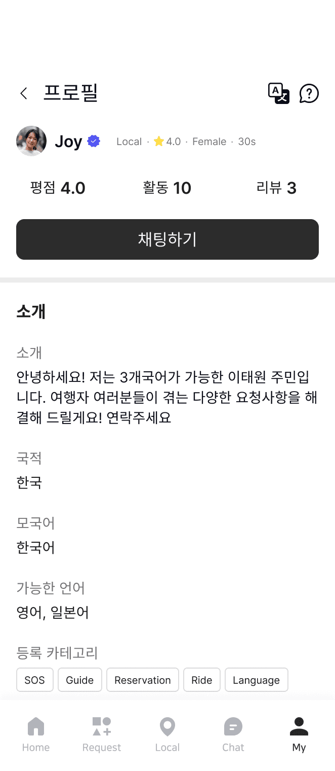 Profile page of a multilingual local guide in Itaewon, Seoul, fluent in English, Japanese, and Korean, offering services in SOS, Guide, Reservation, Ride, and Language assistance, with user ratings and reviews.
