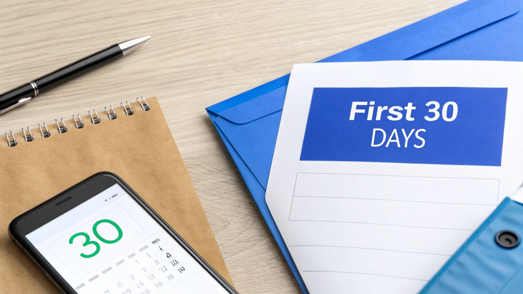 A flat lay of office supplies: a pen, notebook, smartphone displaying '30', and a 'First 30 DAYS' document.