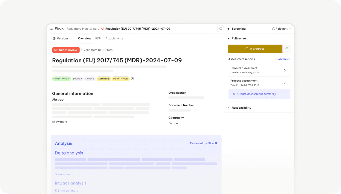 Flinn 3.0 Regulatory Monitoring module showing regulation overview, delta analysis, and full review workflow.