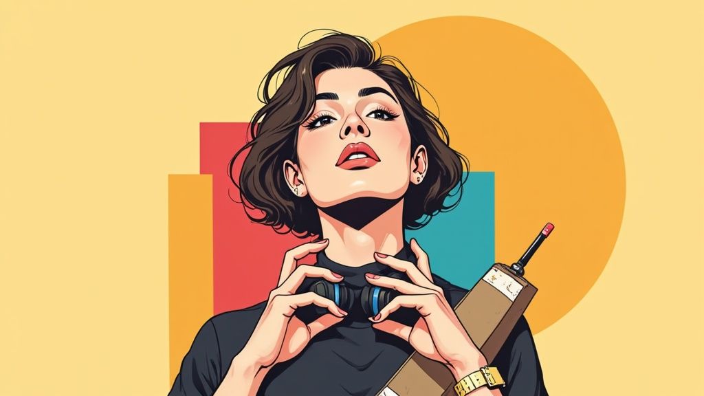 Professionelle Illustration einer selbstbewussten Geschäftsfrau mit modernem Stil und buntem Hintergrund