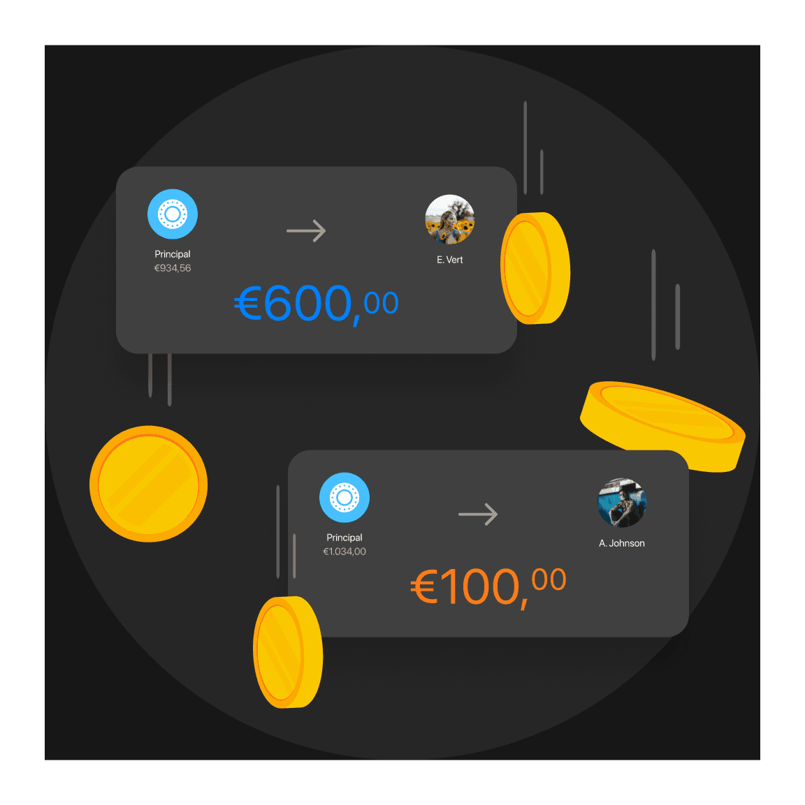 Deux appareils ressemblant à des smartphones avec des icônes et des couleurs différentes sur un fond sombre, suggérant un thème technologique.
