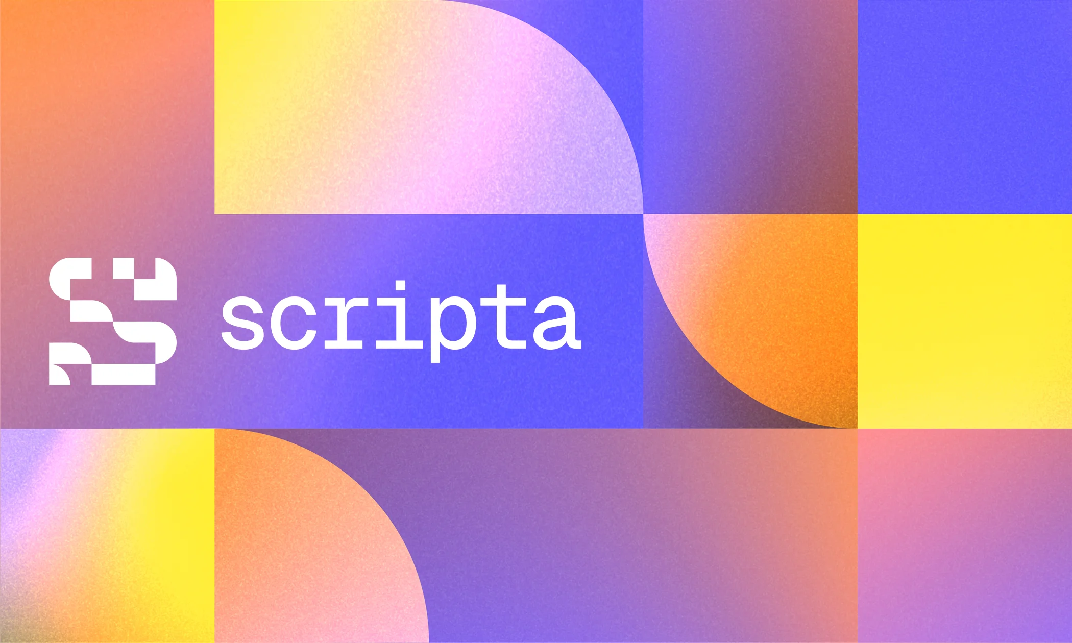Scripta logo displayed on a vibrant geometric background with abstract shapes in purple, orange, yellow, and pink hues.