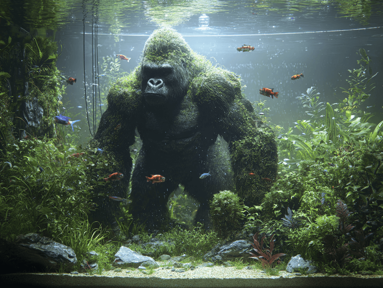 a Gorilla being use as the main centrepiexe in a beutfully quascpaed fish tank