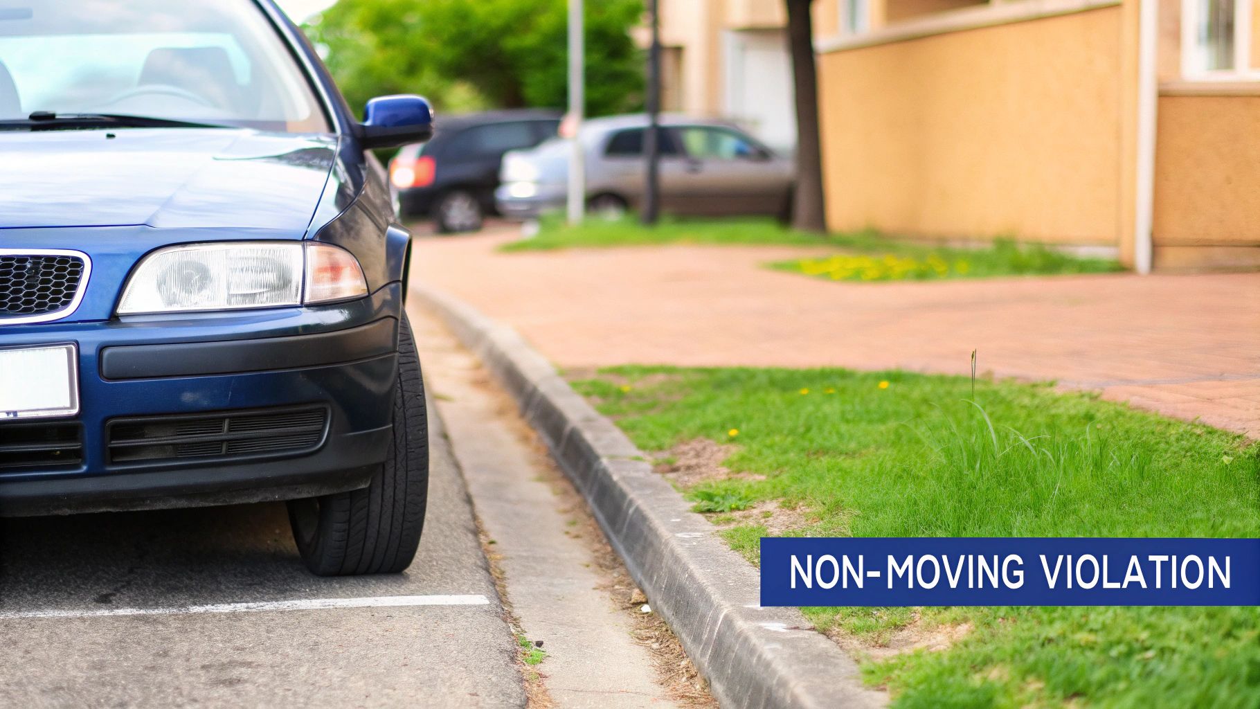 A blue car is parked on a white line next to a curb, indicating a non-moving violation.