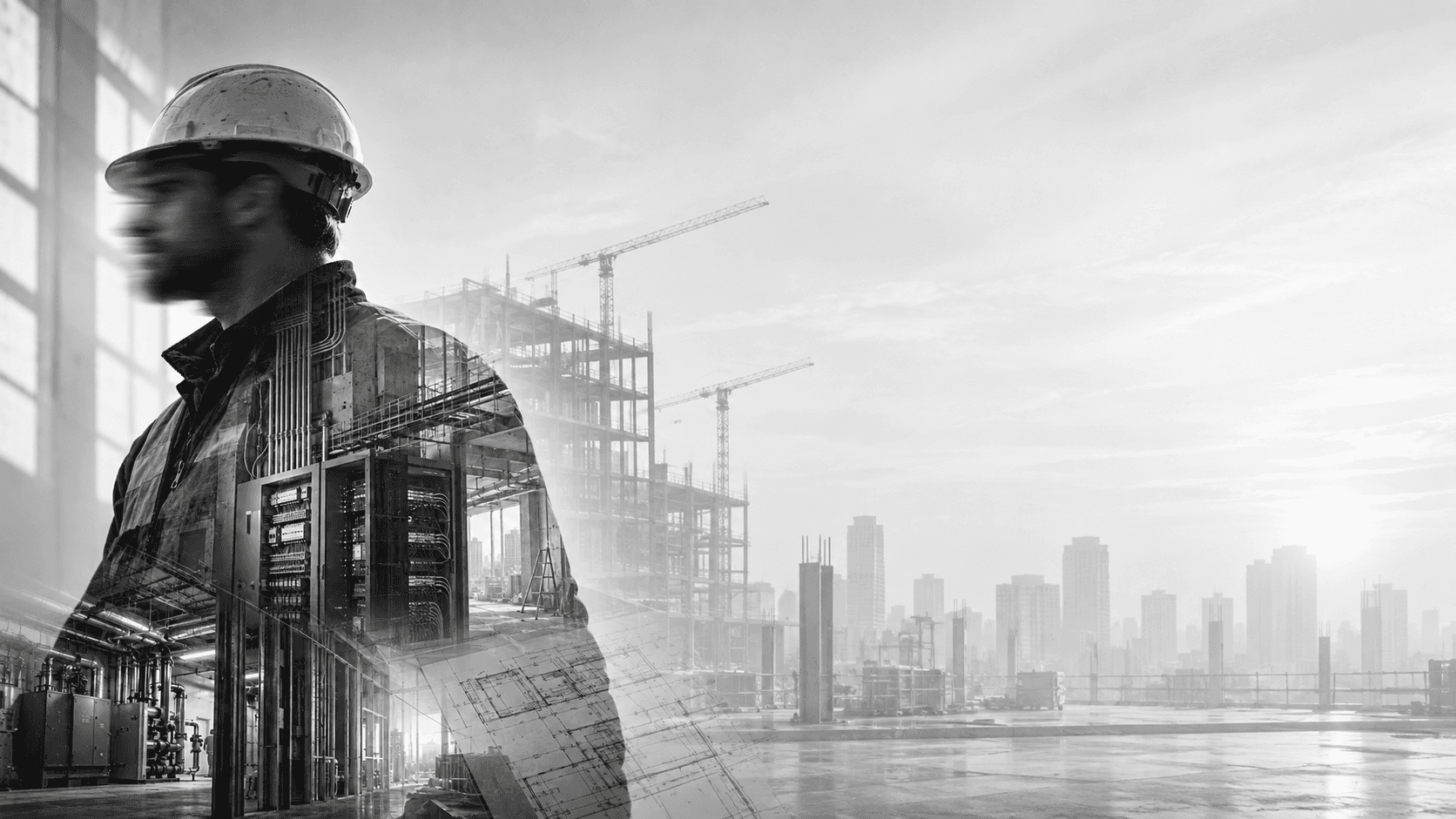 Black-and-white construction worker blended with building systems, architectural plans, cranes, and a city skyline