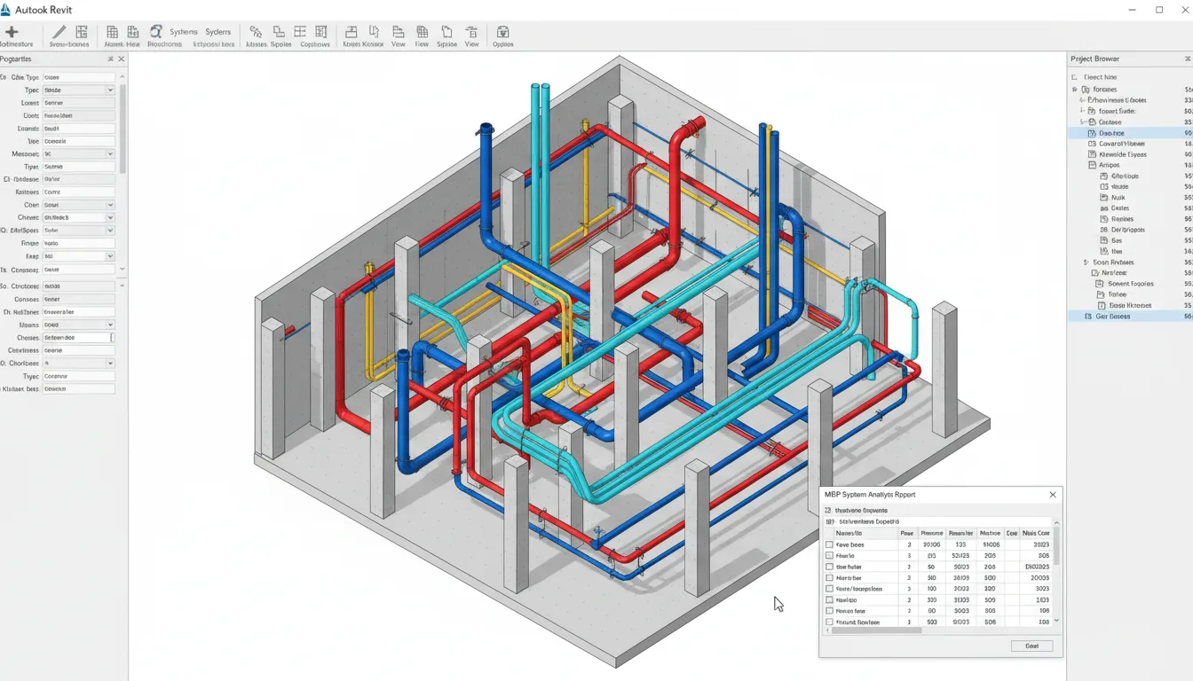 Screenshot of Autodesk Revit software interface in Clean Light Mode, showing a complex BIM project. The central viewport displays a detailed 3D orthographic model of a building's MEP systems, with brightly colored pipes and ducts in red, royal blue, cyan, and yellow running between grey structural walls. The interface is structured with a properties panel on the left, a project browser on the right, and a floating data report window, all featuring abstracted text lines and UI elements.
