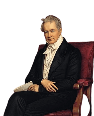 A formal painted portrait of a distinguished man seated in a red armchair, dressed in early 19th-century attire with a black coat, white cravat, and vest. He holds a paper in his left hand, suggesting an intellectual or scholarly background. Behind him, a globe and bookshelves are visible, emphasizing his connection to knowledge, exploration, or academia. His expression is calm and composed, reflecting a dignified presence.