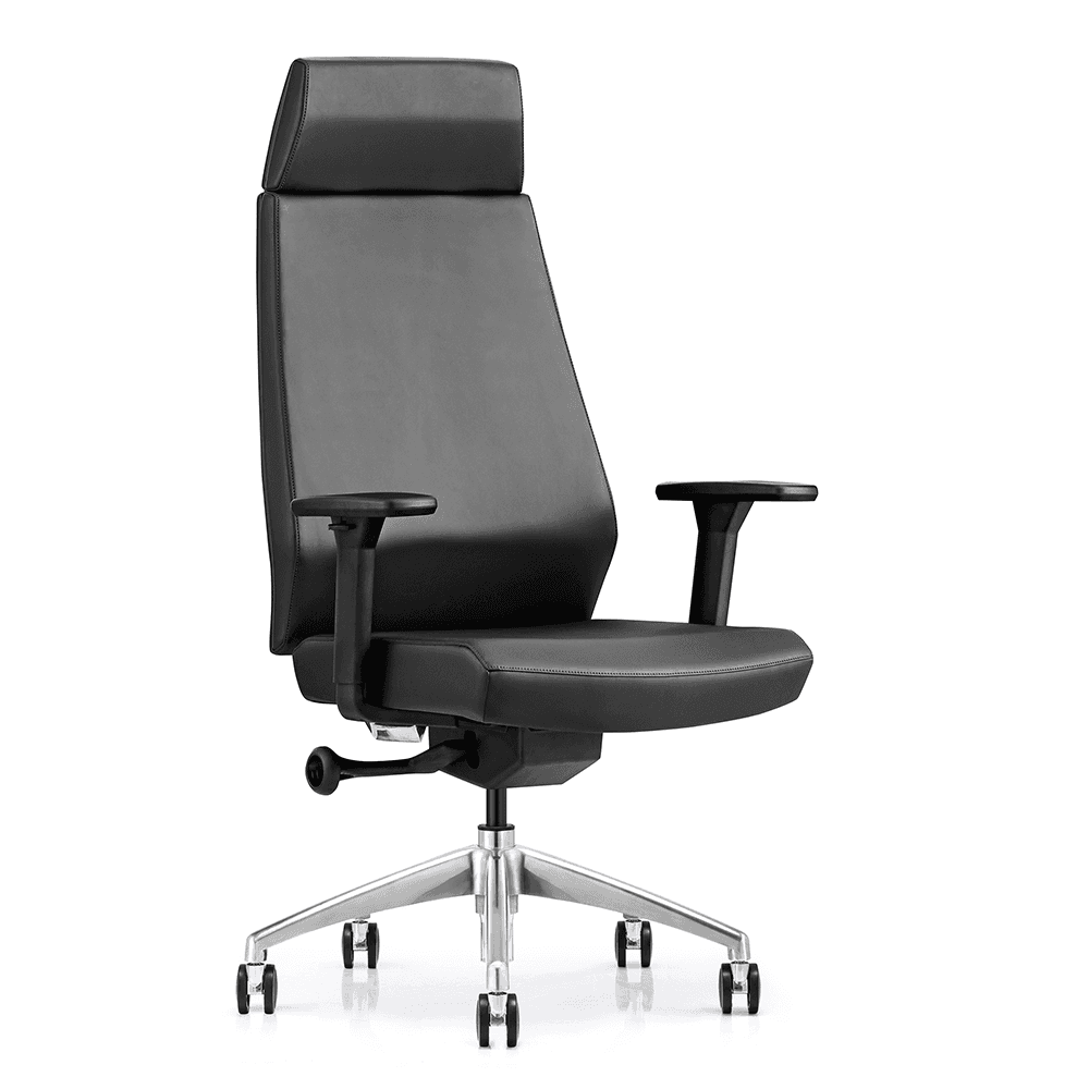 High-back black leather executive office chair with adjustable armrests, integrated headrest, and polished aluminum 5-star swivel base on a white background.