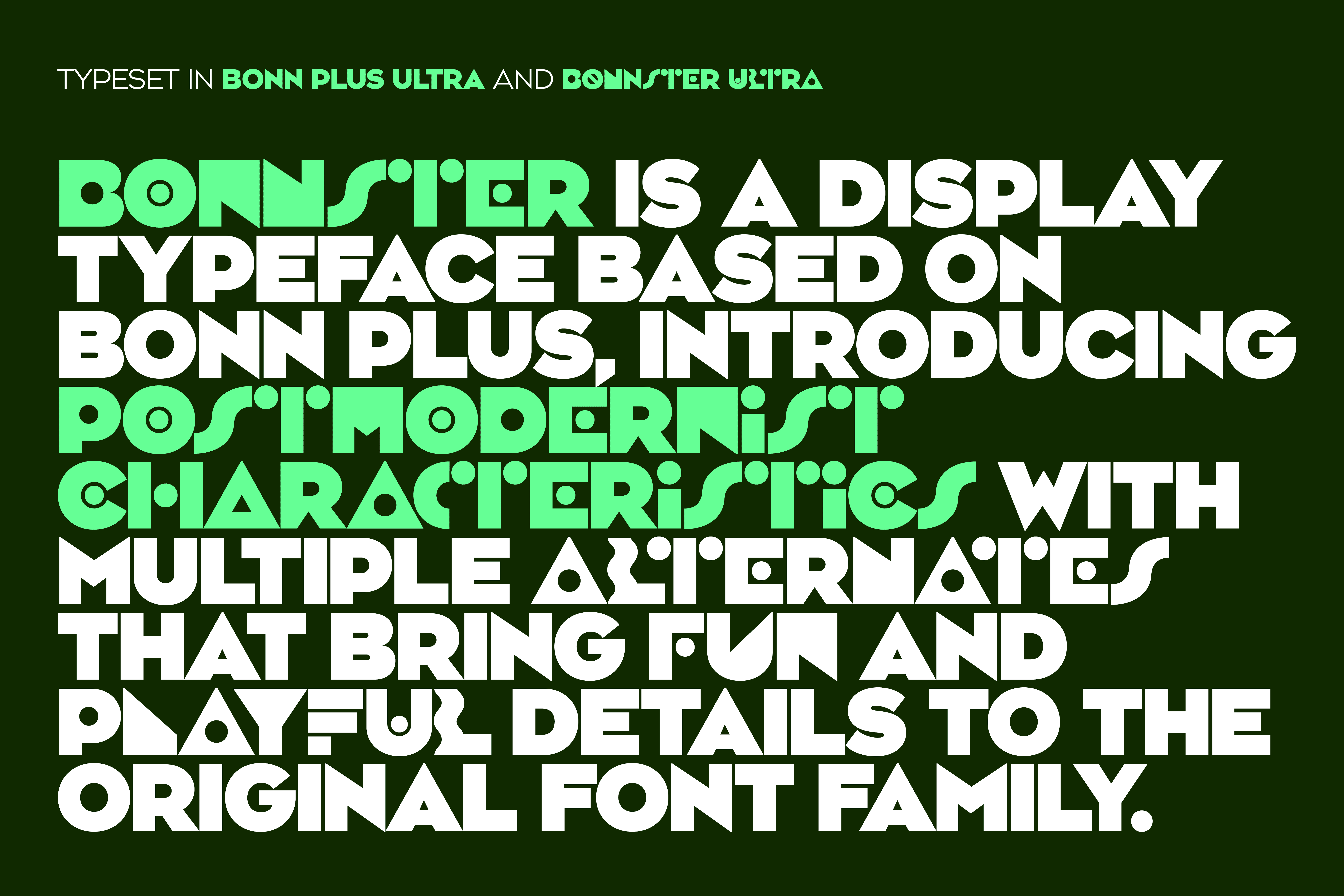 Text on a vibrant background describes a display typeface, highlighting features and multiple alternates.