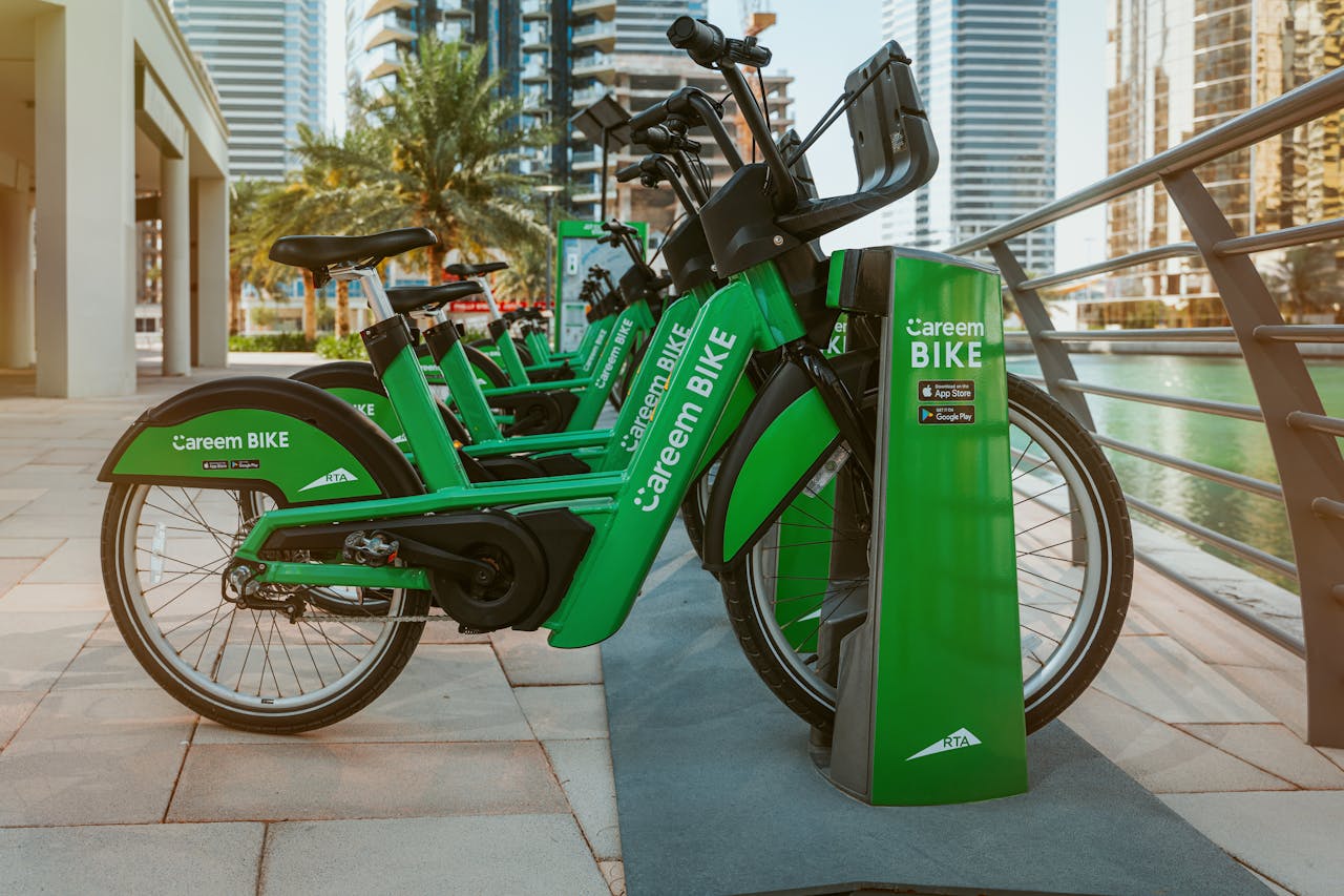 A row of green bikes, parked along the promenade and ready for use.