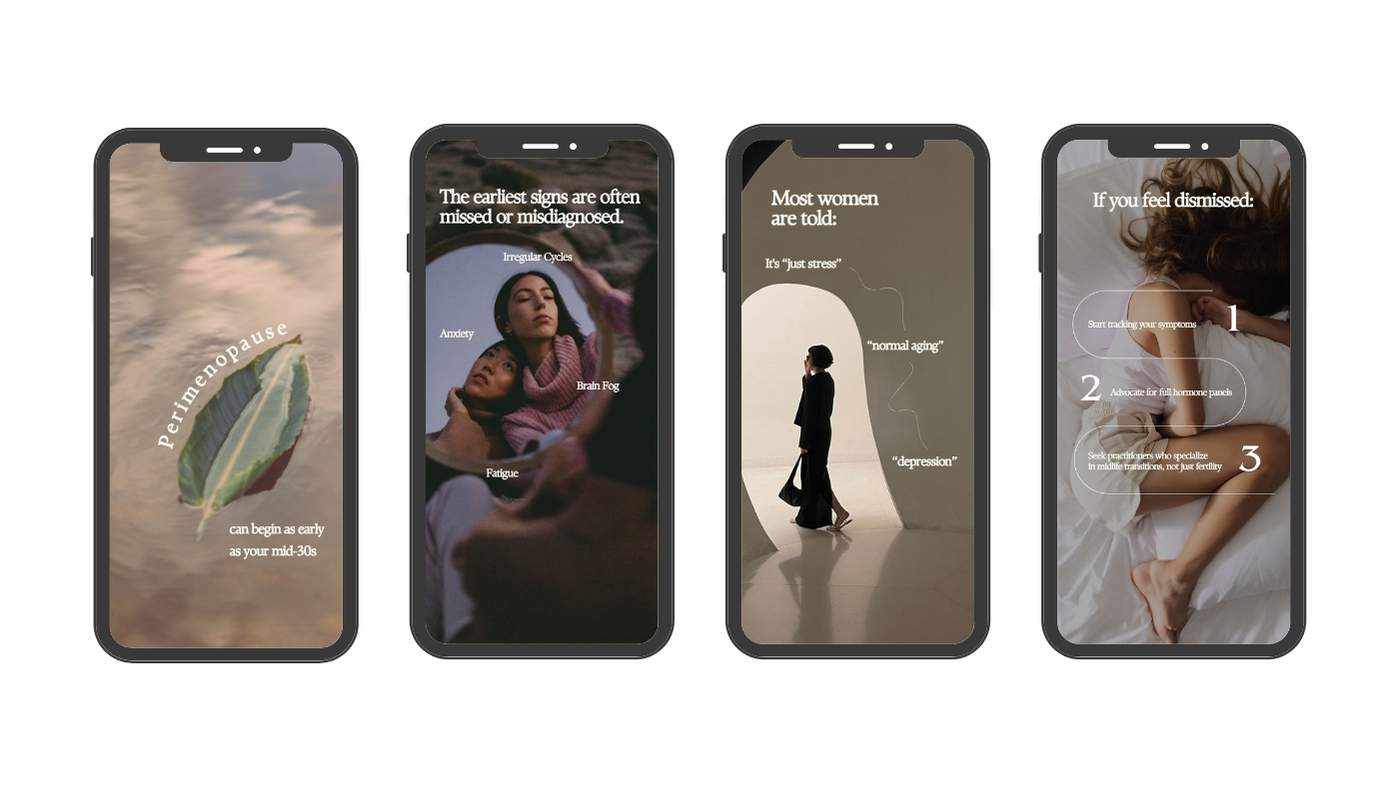 UMA social media content series displayed on four smartphone mockups, featuring women’s wellness education, holistic health insights, and supportive community