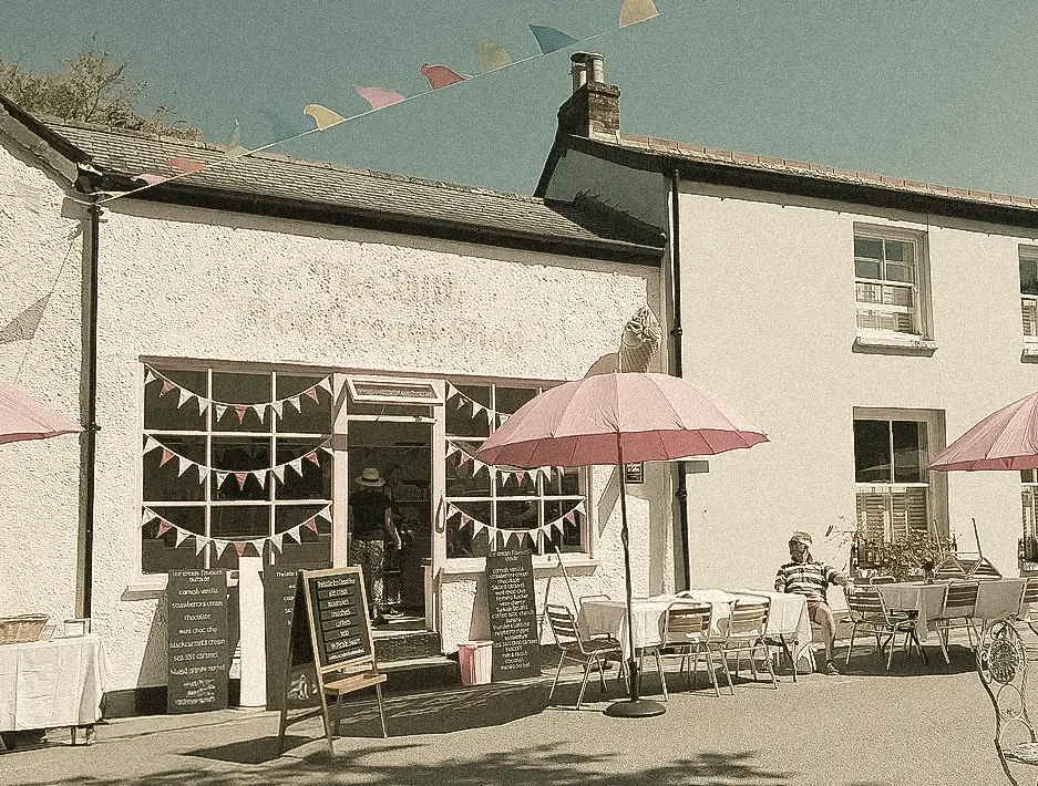 Group of hikers walking through a mountain meadow surrounded by pine trees and misty peaks.