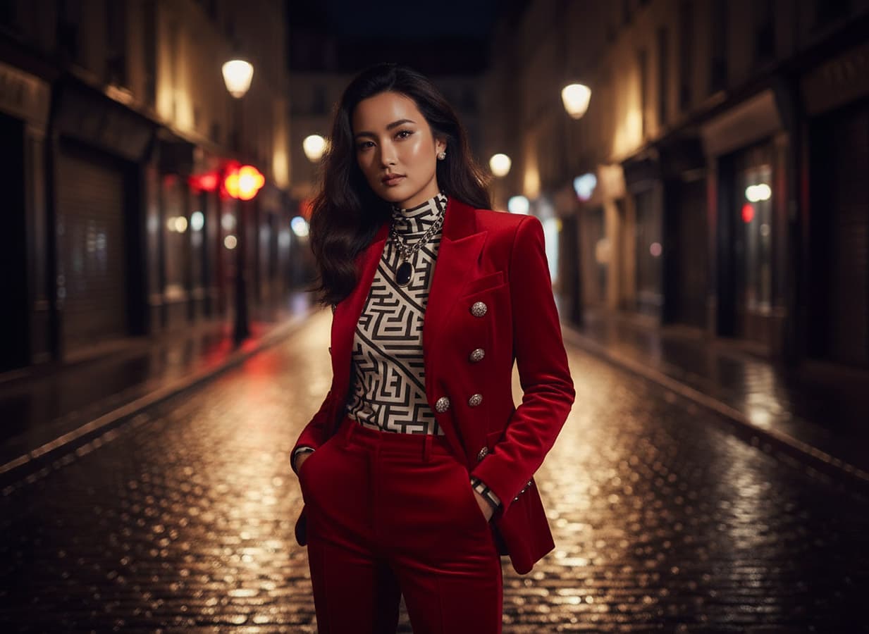 Femme, top model, vetue de rouge, la nuit dans une rue pavée