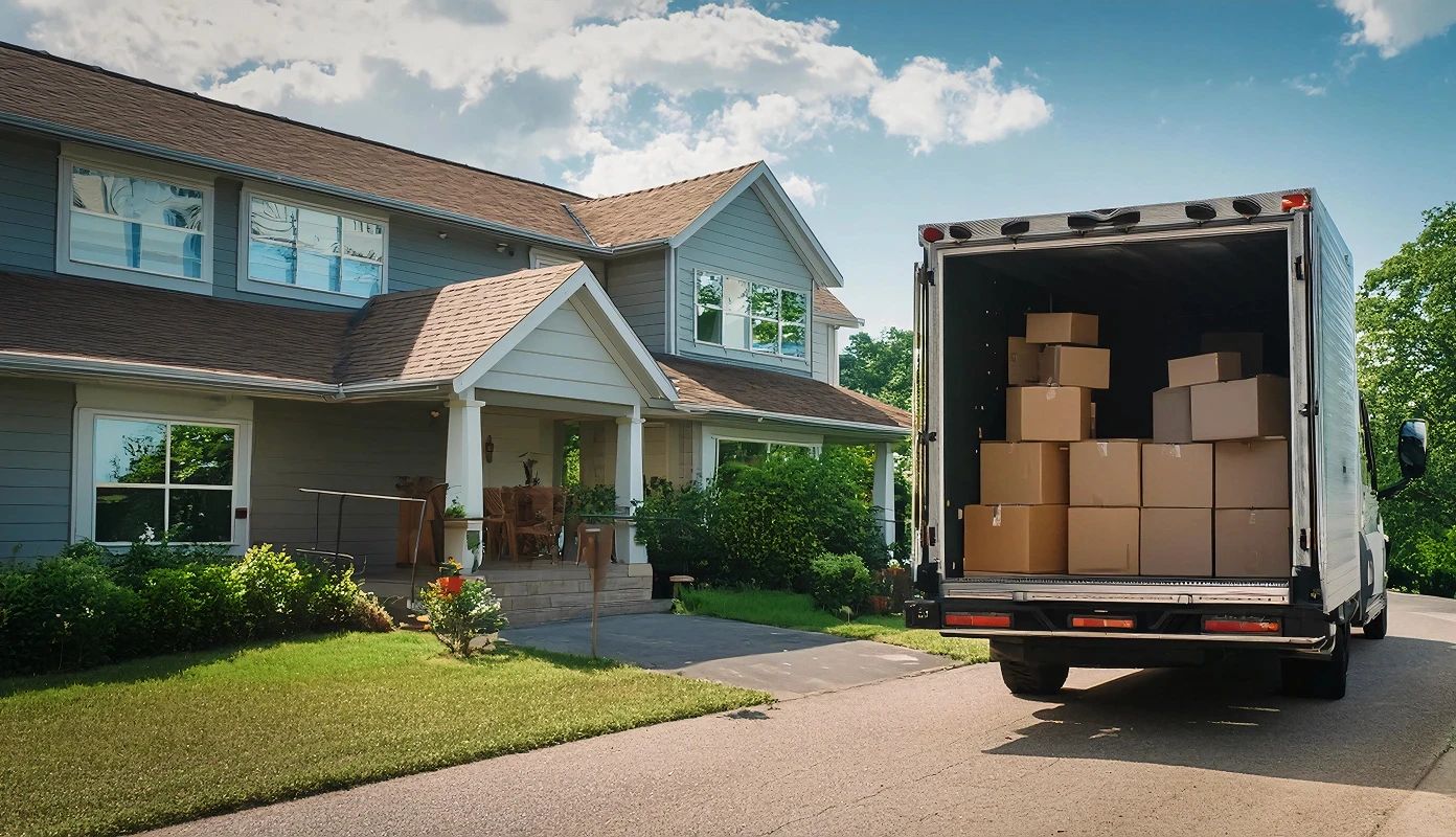 Moving company laborer in blue clothes lifting a cardboard chest by a transport van outside a residence.