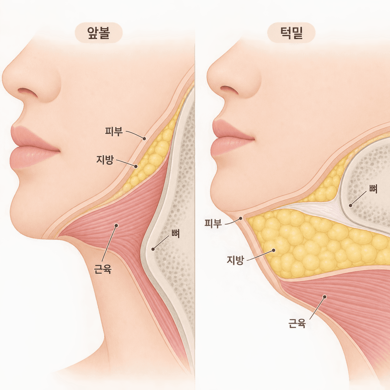 앞볼은 지방층이 얇고, 턱밑은 상대적으로 두꺼워요. 아래턱 선 바로 밑은 비워 두는 띠예요