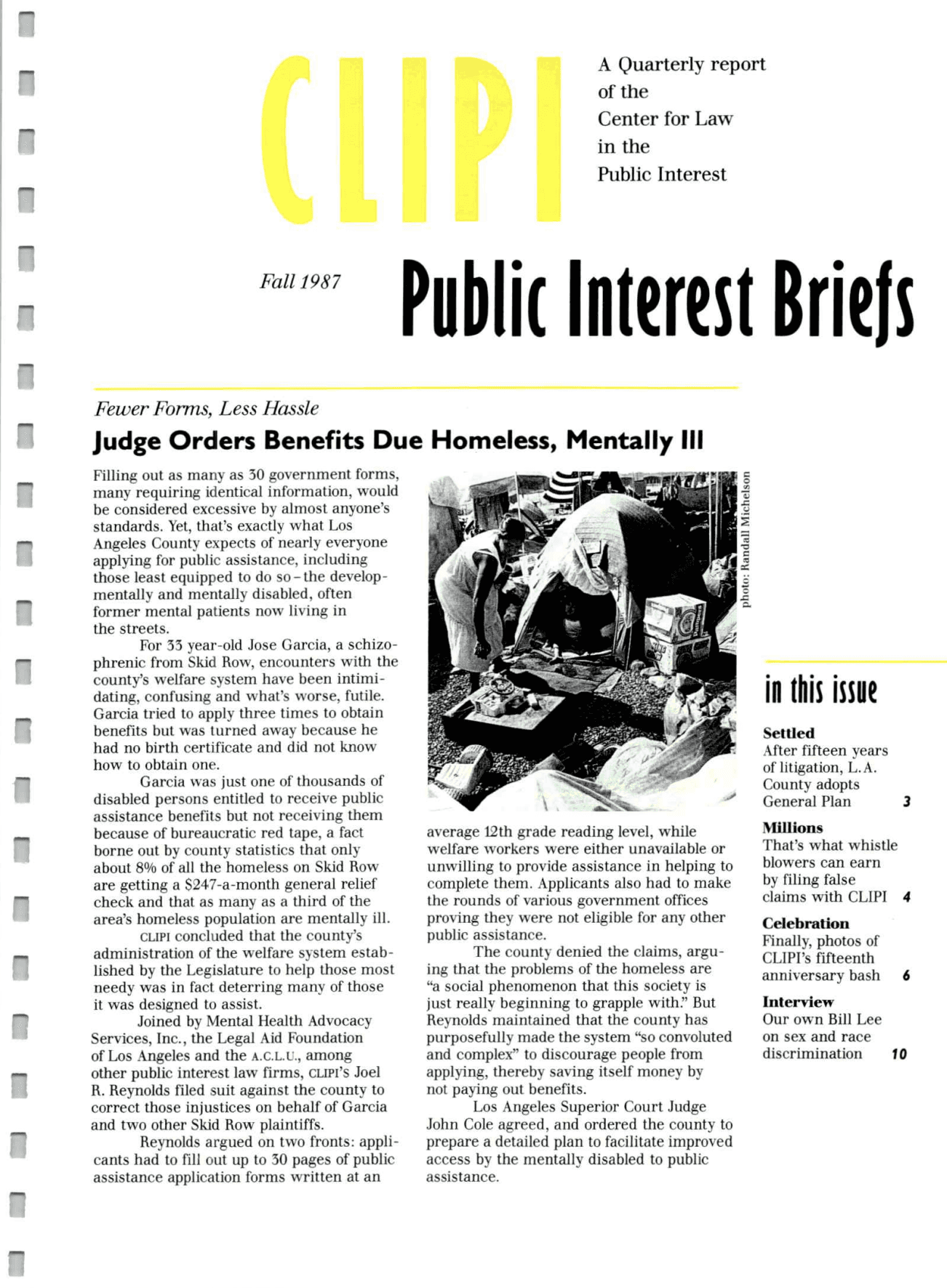 Cover of Center for Law In The Public Interest's Quarterly Report, Fall 1987 Edition Public Interest Briefs