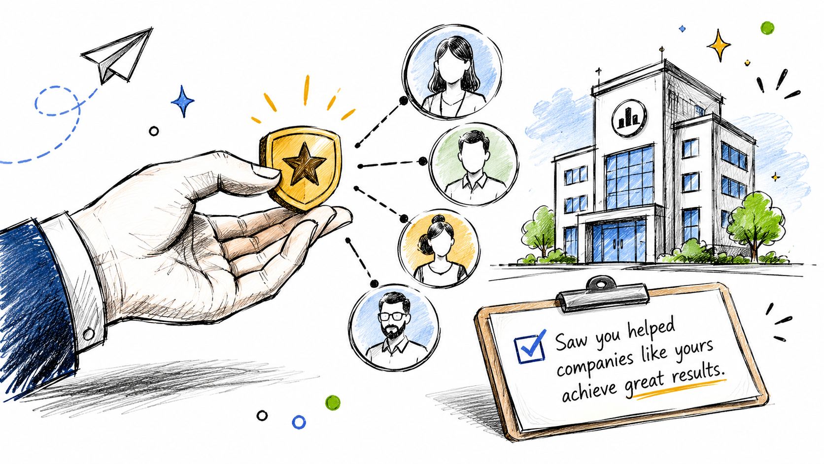 A hand holding a star award connecting business professionals to a corporate building with a success clipboard.