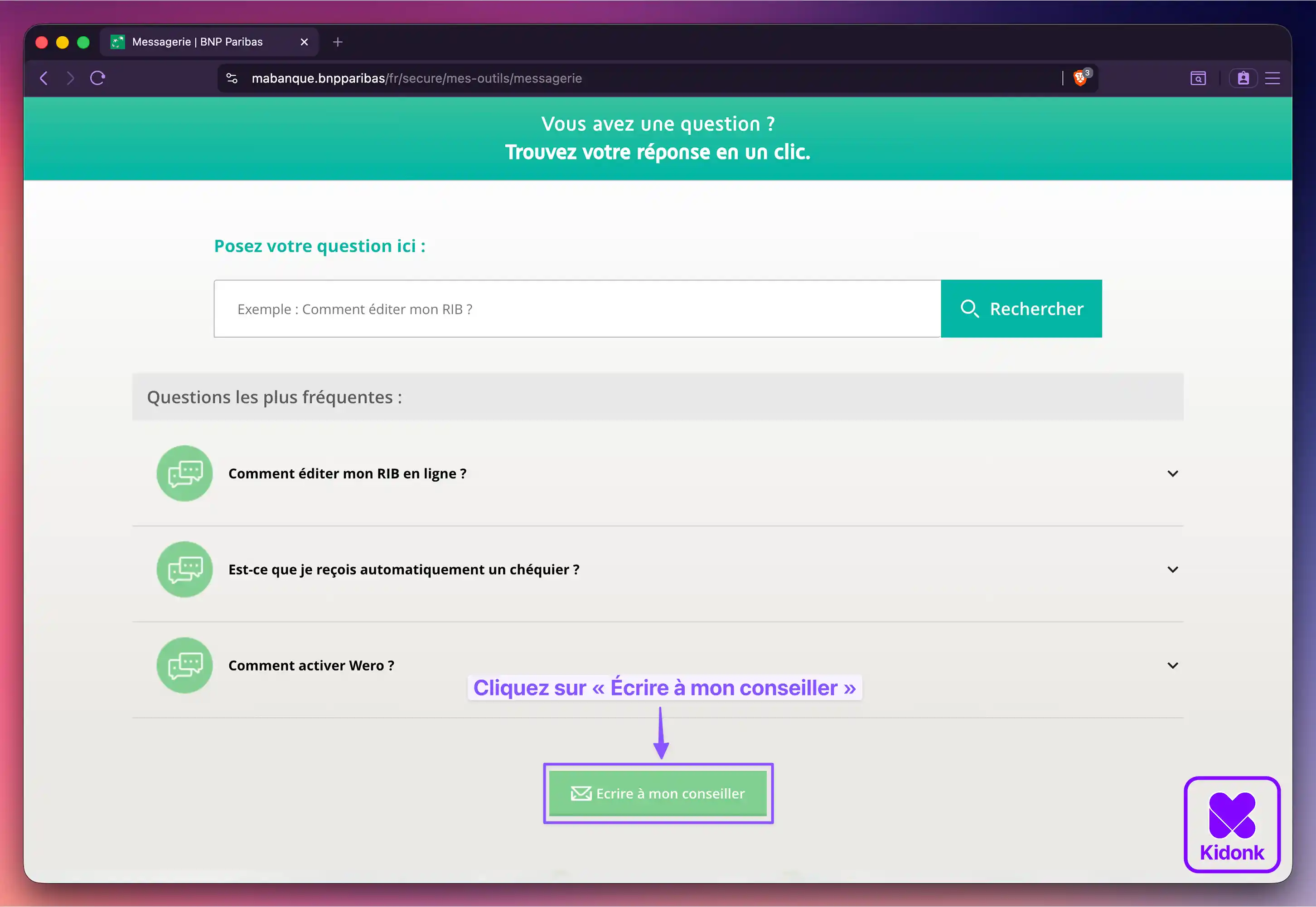 Navigateur web affichant la pop up qui s'ouvre avant d'écrire à son conseiller depuis l'espace client BNP Paribas