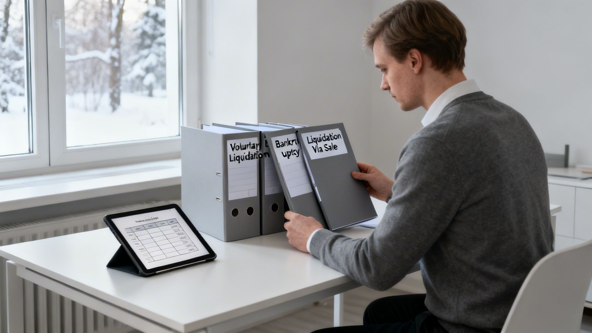 A man examines binders labeled 'Voluntary Liquidation', 'Bankruptcy', and 'Liquidation Via Sale' on a desk.