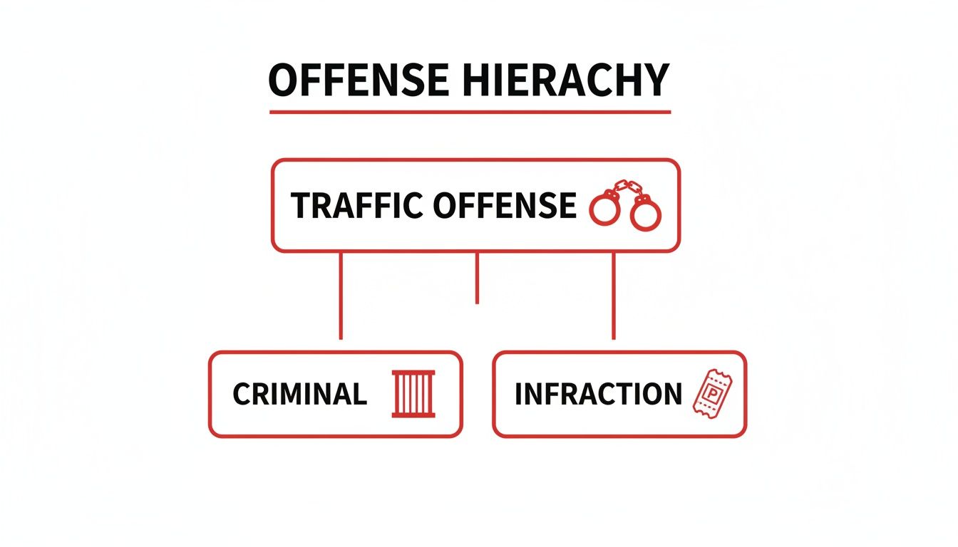 Flowchart detailing offense hierarchy: Traffic Offense leading to Criminal or Infraction categories with relevant icons.