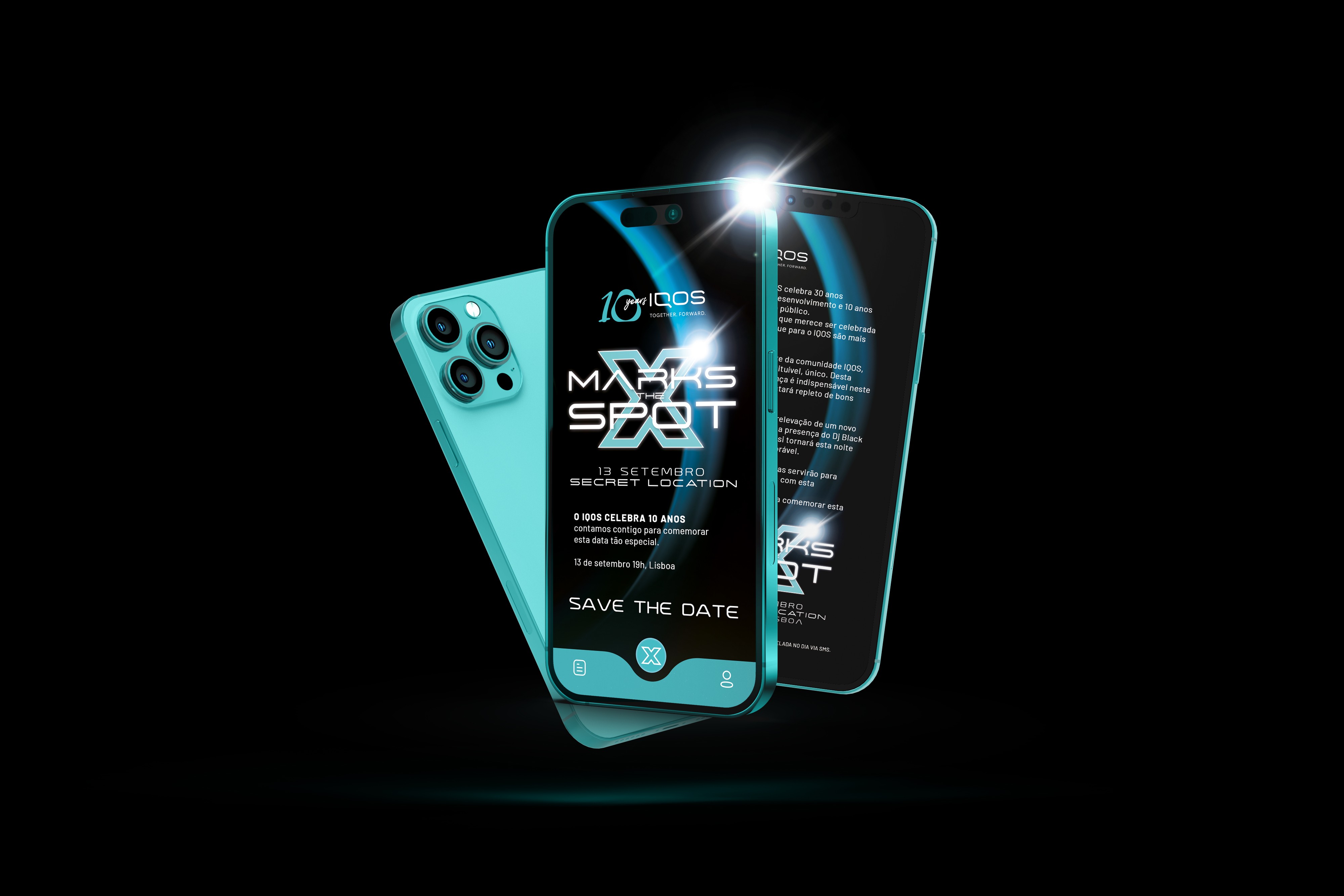 3D render of smartphones displaying a futuristic event invitation for the IQOS 10 Years celebration, featuring neon typography and a sleek black background.