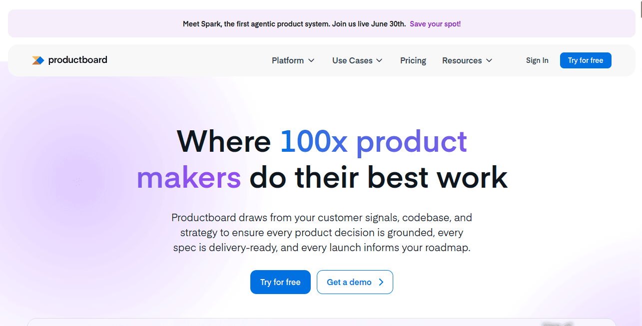 Productboard homepage with 100x product makers hero