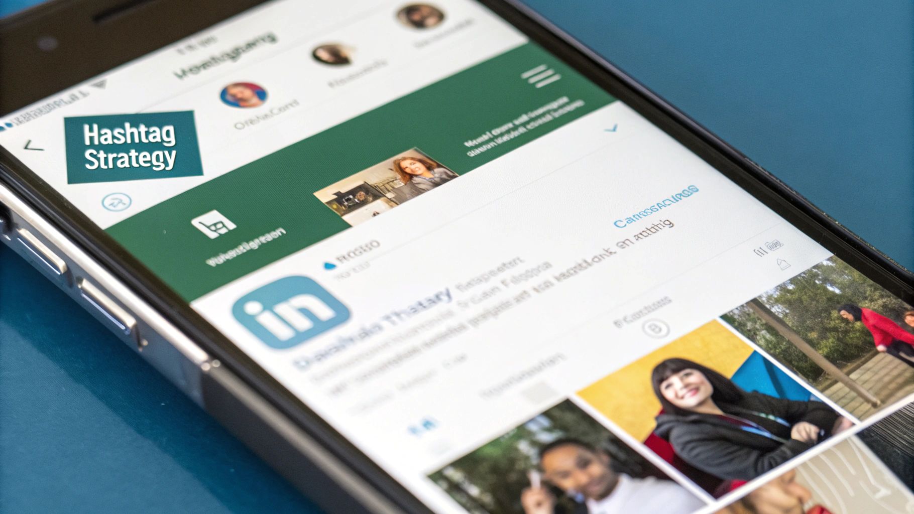 A professional workspace showing a notepad with hashtags and a call-to-action written on it, next to a laptop displaying LinkedIn.