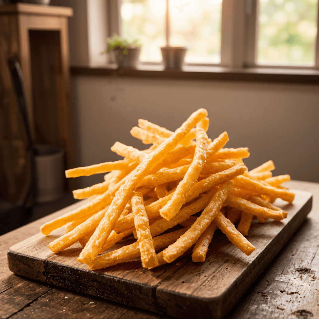 product photography of a pile of crispy potato sticks, typically used as a snack
