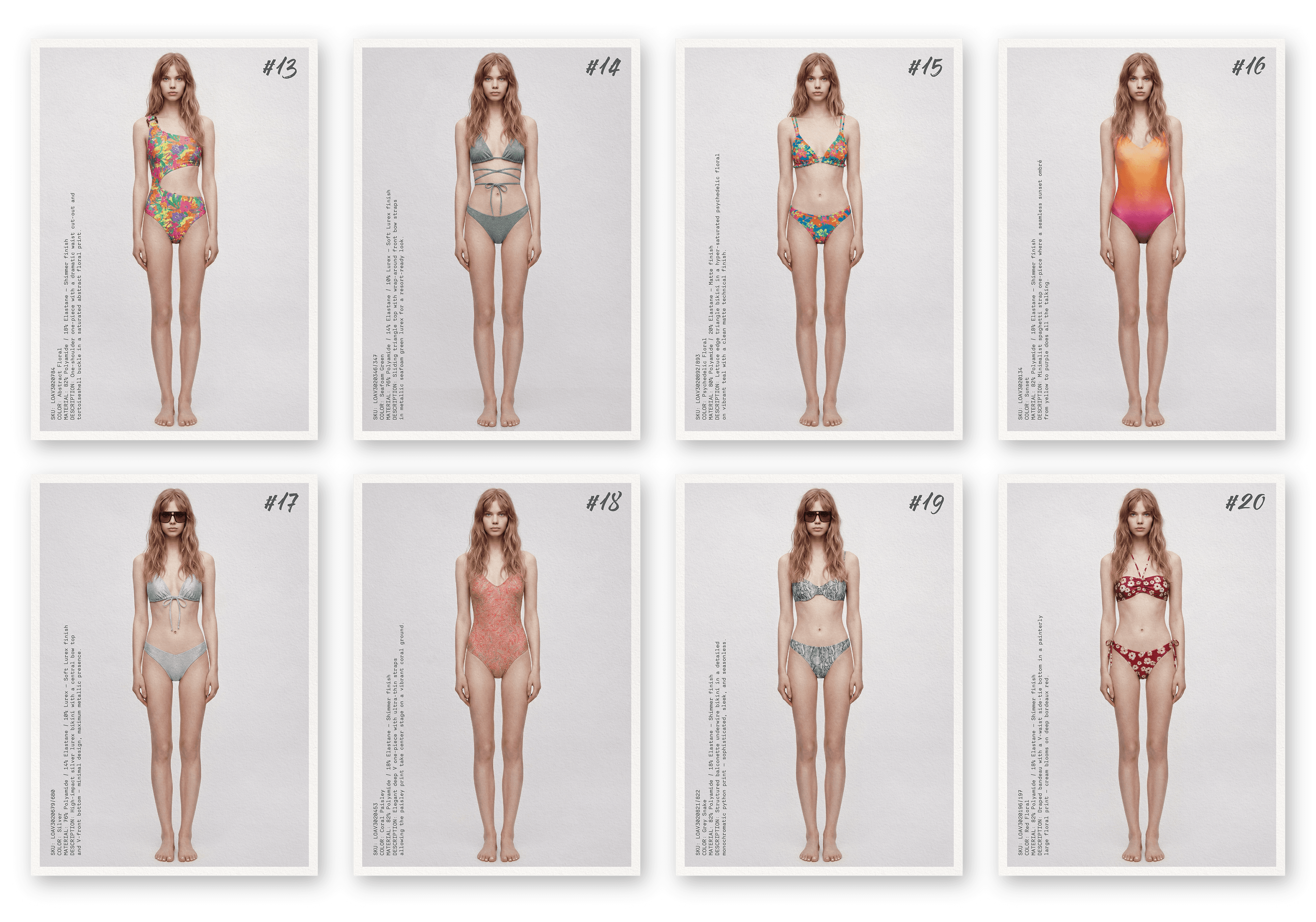 Loavies Spring Summer collection lookbook — 20 swimwear styles featuring animal prints, bold florals, solid lurex and gradient one-pieces in shimmer and matte finishes.