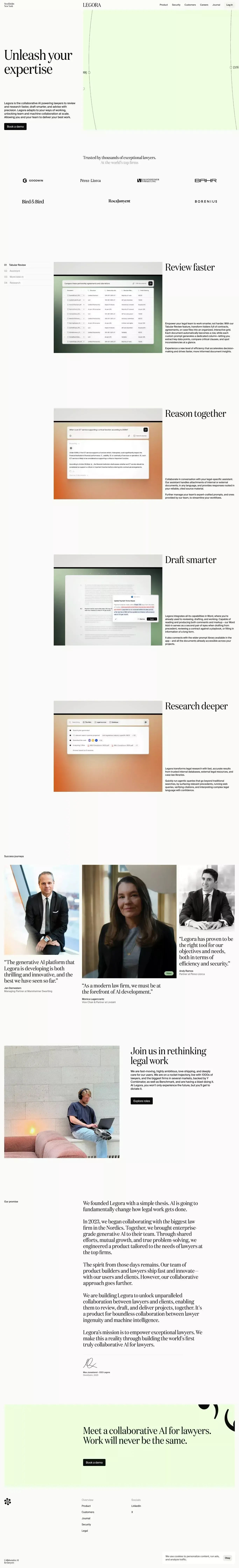 Legora landing page screenshot showcasing AI and Tech design