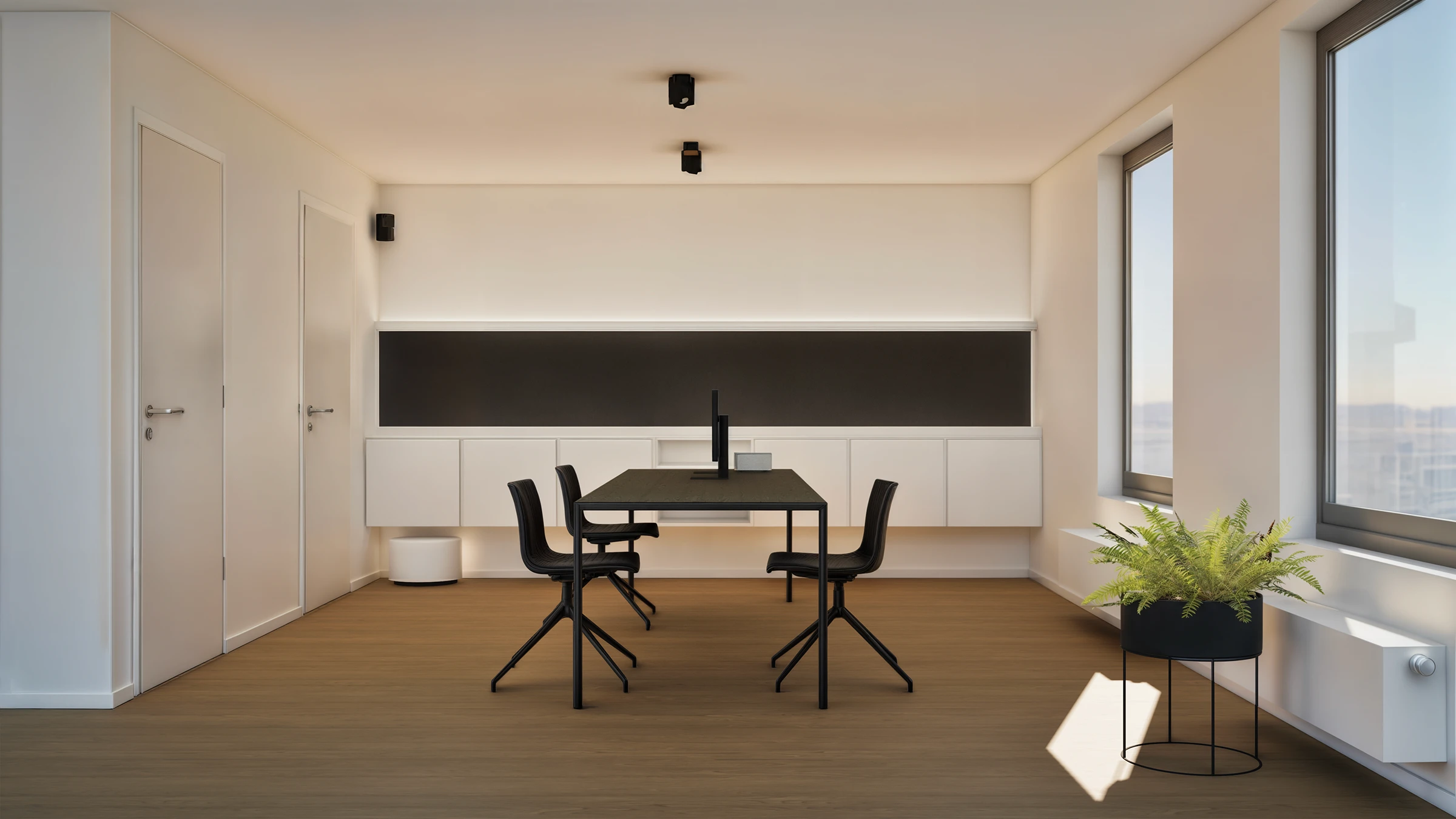 realistische render van bureauruimte met houten vloer, lange werk- en vergadertafel, en muur met kastruimte