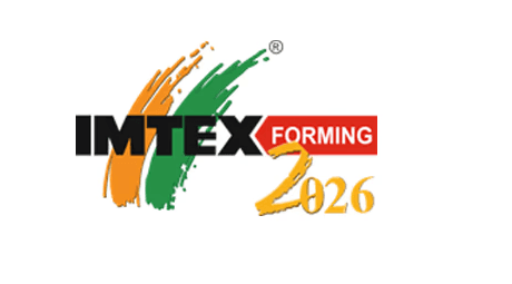 IMTEX FORMING 2026 official cover image featuring prominent event logo and "2026" branding above panoramic view of crowded BIEC Bengaluru expo halls, manufacturing professionals navigating machinery booths with laser demos and forming presses visible
