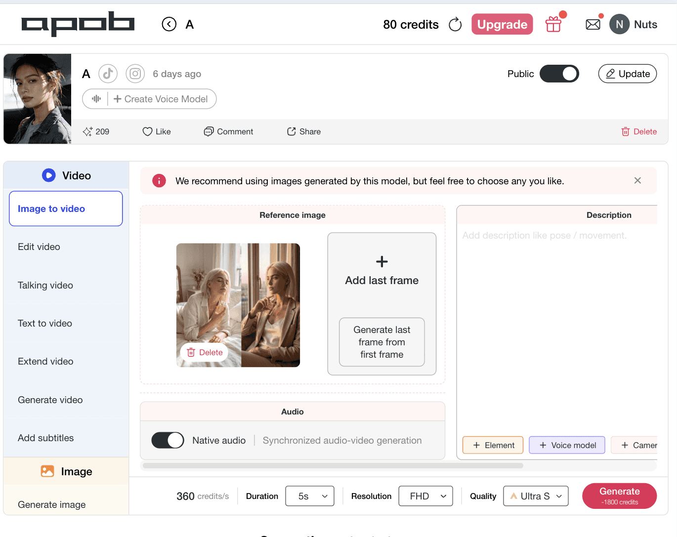 Espacio Image to Video de APOB AI para subir una imagen de producto antes de generar un video de producto con IA.
