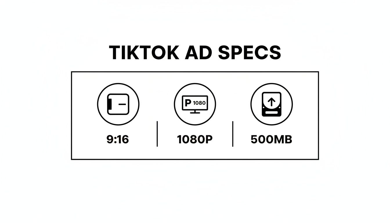Image detailing TikTok ad specifications: 9:16 aspect ratio, 1080P resolution, and 500MB maximum file size.