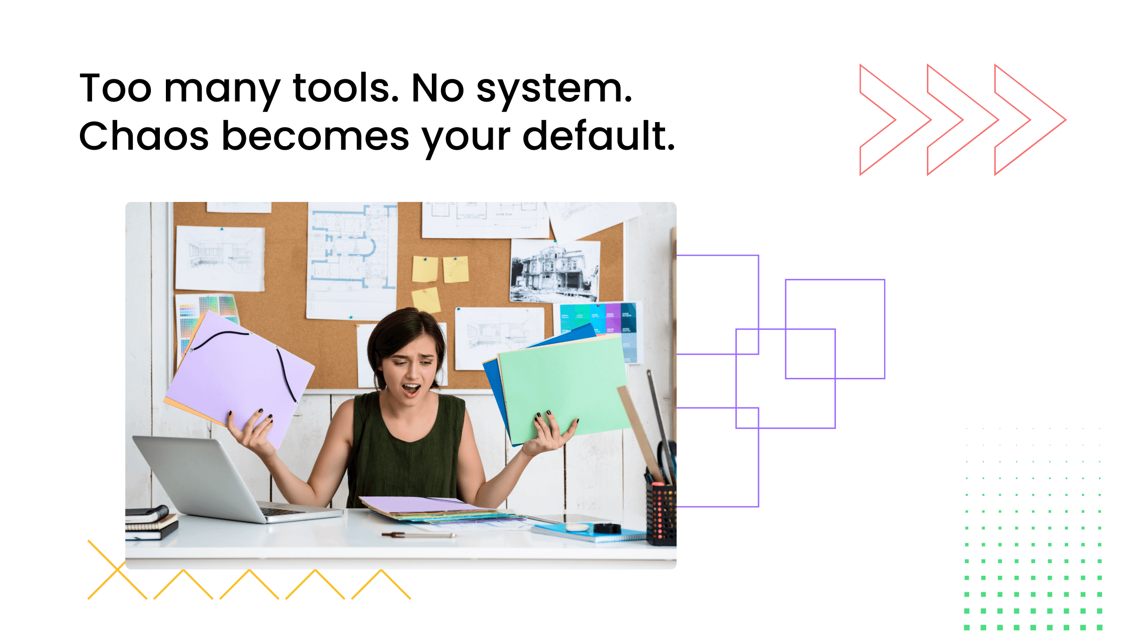 Overwhelmed coach juggling multiple tools and files, highlighting chaos from scattered systems without a unified coaching platform.