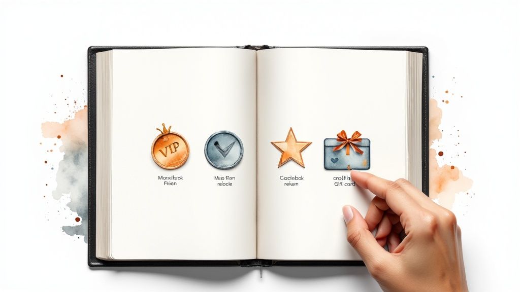 A hand points to a gift card icon in an open book with loyalty program symbols.
