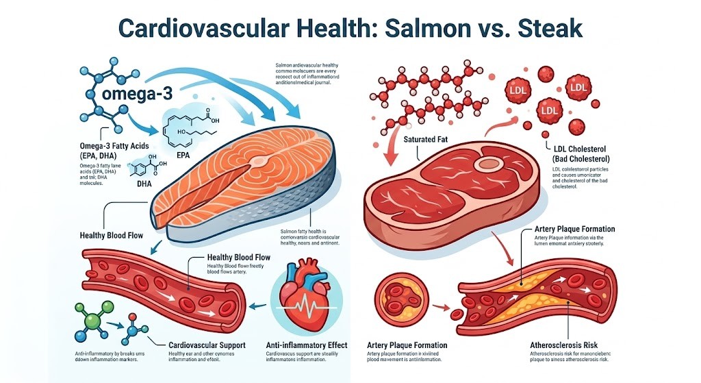 A comparative medical infographic detailing the cardiovascular health effects of salmon versus steak. The left side (Blue: Salmon) shows Omega-3 fatty acids, EPA, DHA, healthy blood flow in arteries, heart support, and anti-inflammatory effects. The right side (Red: Steak) illustrates saturated fat, LDL cholesterol (bad cholesterol), artery plaque formation, and atherosclerosis risk.