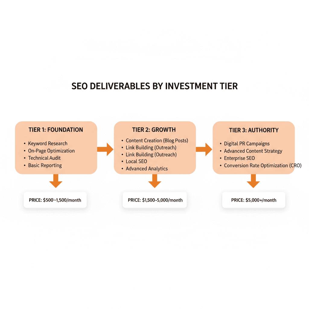SEO service deliverables flowchart showing what's included at each pricing tier in Chicago