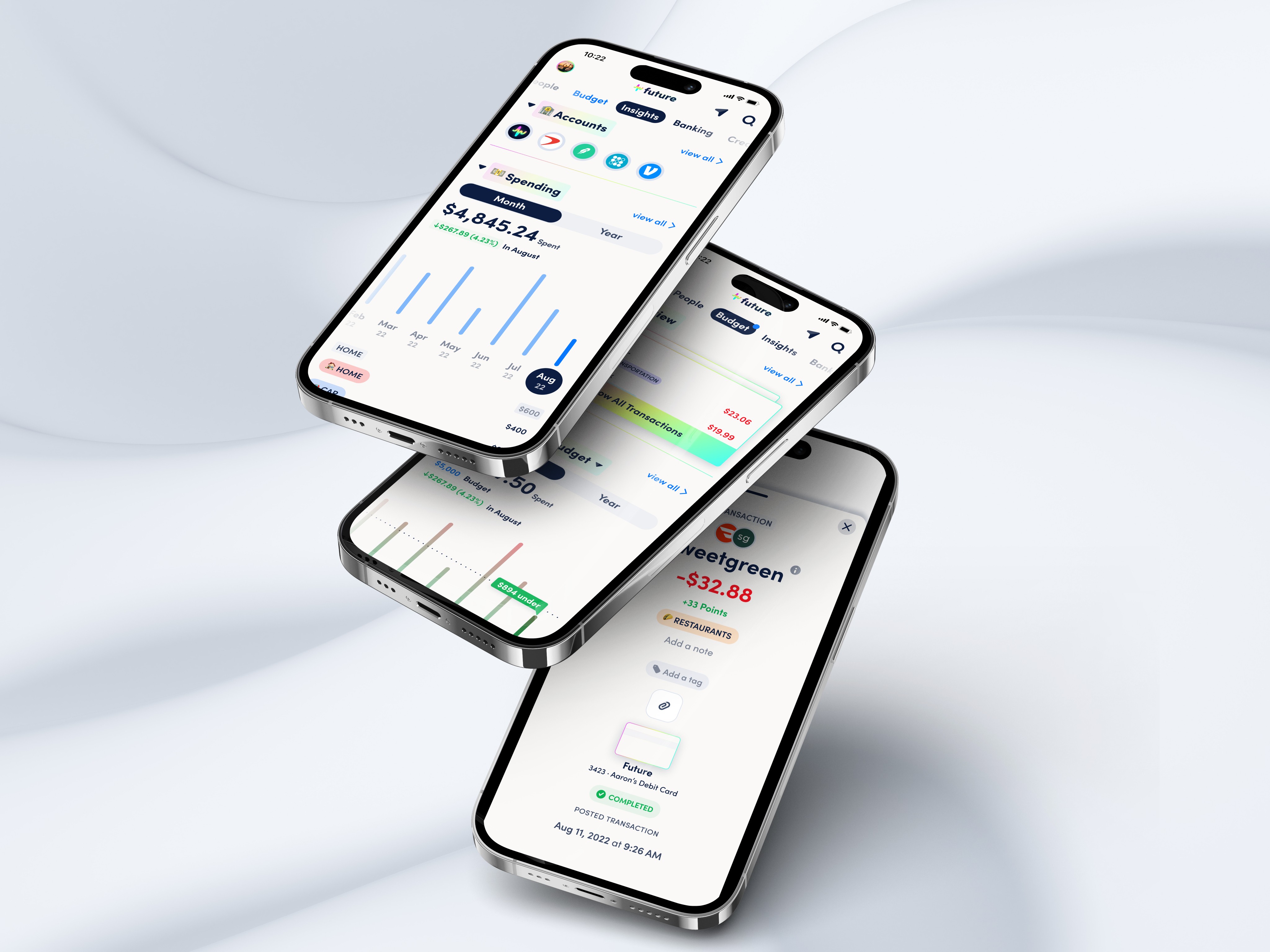 Two screens from a fictional AI mobile app on an orange gradient background