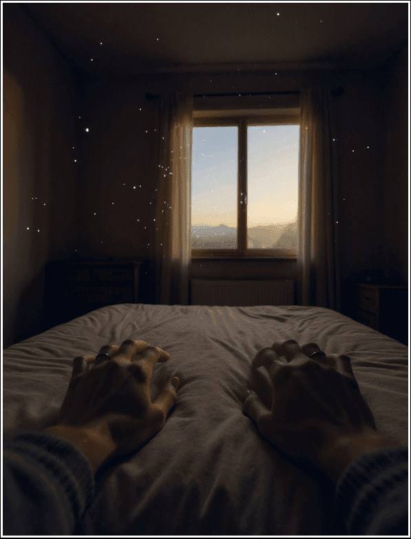 Yatak odasında gün doğumuna uyanış; pencereden ışık süzülürken yatakta eller — Asteria rüya görselleştirme 4/4.
