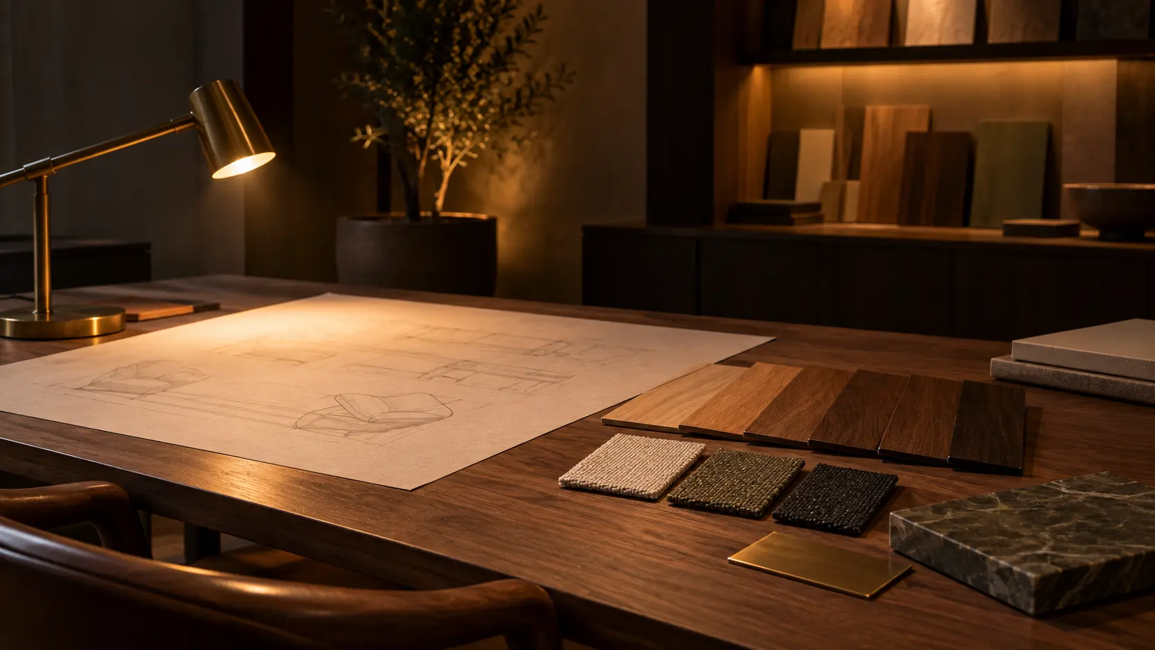 Designer’s table at dusk with a furniture drawing, wood finish chips and fabric swatches under a brass desk lamp